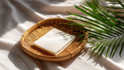 White cloth in a light brown woven basket, beside palm fronds, on a light beige surface