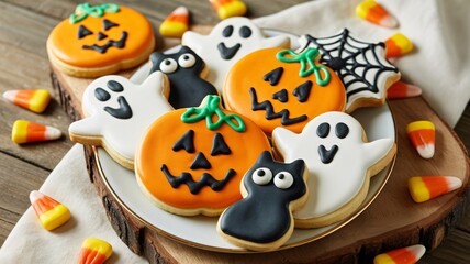 Delightful Halloween sugar cookies featuring spooky ghosts, pumpkins, black cats, and spiderwebs presented on a rustic wooden background with candy corn for a festive treat