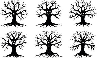 Spooky Tree Silhouettes for Halloween with Scary Faces in the Trunks