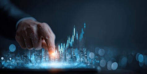 A hand interacts with a digital cityscape overlaid with financial charts