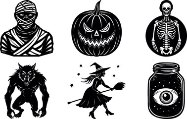Naklejka premium Halloween Vector Illustration Set Featuring Mummy Pumpkin Skeleton Werewolf Witch and Eyeball