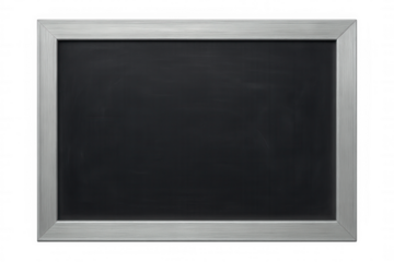 Black chalkboard with silver frame, displaying blank writing surface for classroom or office messaging, ready for custom text
