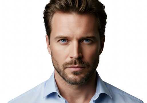 Handsome man with brown hair and beard, blue eyes, wearing a blue shirt, isolated on transparent background