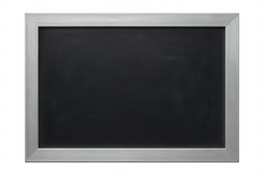 Black chalkboard with silver frame, displaying blank writing surface for classroom or office messaging, ready for custom text