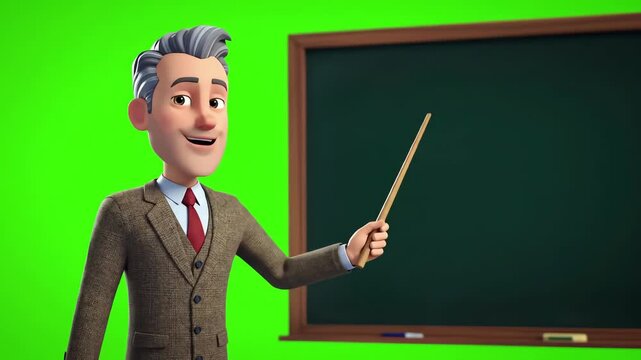 Smiling 3D cartoon male teacher with a pointer presenting in front of a blank blackboard