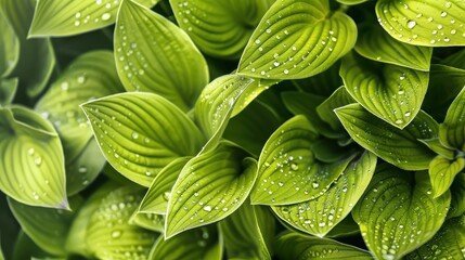 Obraz premium Fresh green hosta leaves glistening with water droplets background