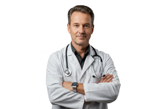 A confident middleaged male doctor wearing a white lab coat and stethoscope, arms crossed, isolated on a transparent background