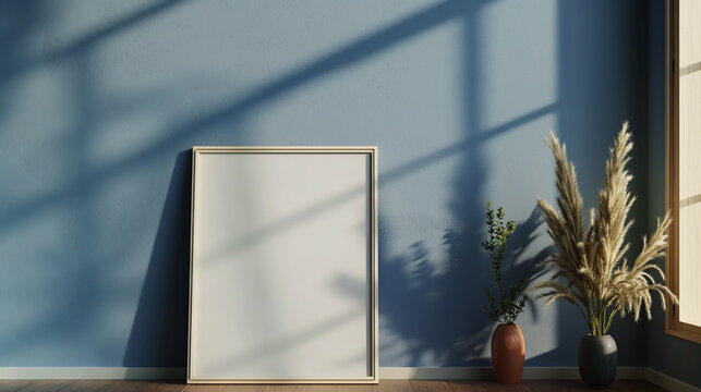 Mockup de quadro com planta em parede azul