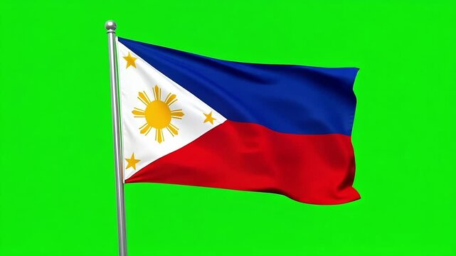 Philippine flag waving gracefully on a pole against a vibrant green screen background