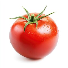 Single, ripe tomato, wet with water droplets, vibrant red, green stem