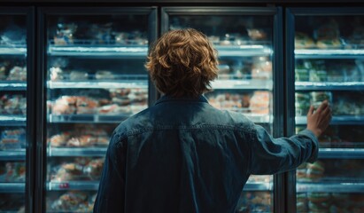 Fototapeta premium Man reaching into grocery store freezer for food 