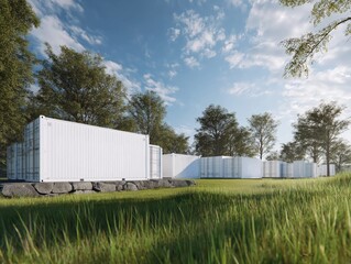 Obraz premium White modular energy containers in clean open landscape 