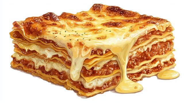 Lasagna with dripping cheese and layers of meat, sauce, and pasta on white