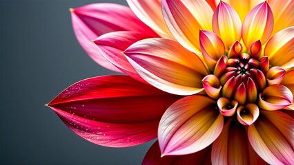 Fototapeta premium Vibrant pink and yellow dahlia flower close-up with copy space for marketing campaigns on dark background for advertising and branding, corporate presentation backdrop with empty space for text