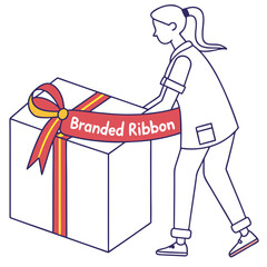 Woman Carrying a Large Gift Box with Red and Yellow Ribbon