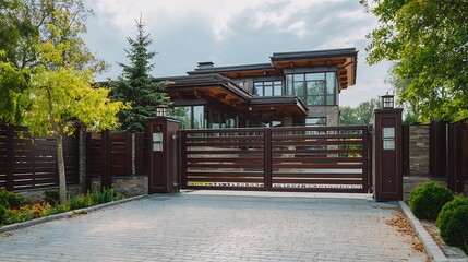 Obraz premium Modern Home with Automatic Gate Entrance and Landscape Design Driveway