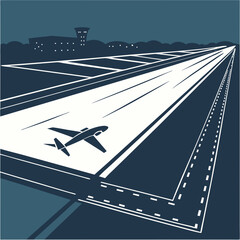 Airplane on Runway at Night: Minimalist Cityscape Illustration