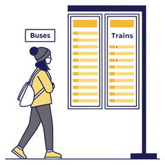 Young Woman Walking Past a Bus and Train Schedule at a Transit Station