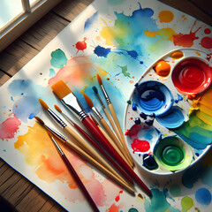 Obraz premium A burst of creative inspiration with a watercolor palette, brushes, and colorful paint splatters on paper at an artist's workstation