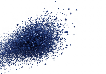 A dynamic explosion of dark blue powder scattered against a bright transparent background, creating an abstract texture