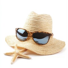 Beige straw hat, sunglasses, and starfish on white background