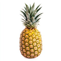 Fresh pineapple, bright yellow skin, sharp green leaves, isolated on white