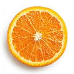 Close-up of a perfectly round orange slice, vibrant orange segments radiating from the center, against a plain white background