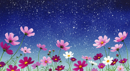 A vibrant field of pink and white cosmos flowers blooming under a magical, starry night sky. Dreamy watercolor style illustration.