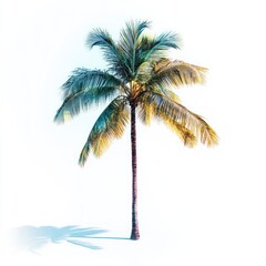 Isolated palm tree against a white background, vibrant green and yellow leaves on a tall, slender trunk
