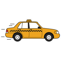 Fototapeta premium A classic yellow taxi cab with a checkerboard stripe is depicted in motion, suggesting speed and urban transportation, isolated on a