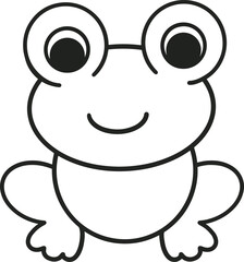 Black line drawing of a cartoon frog with big eyes