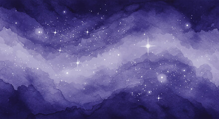 Dreamy watercolor painting of a magical purple galaxy with twinkling stars on a dark night sky background.
