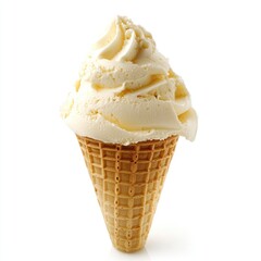 Vanilla ice cream cone, creamy pale yellow, in waffle cone