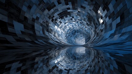 surreal abstract tunnel with shifting walls and rotating patterns, light at the end, mind-bending perspective, symbolic of inner awakening through confusion, 