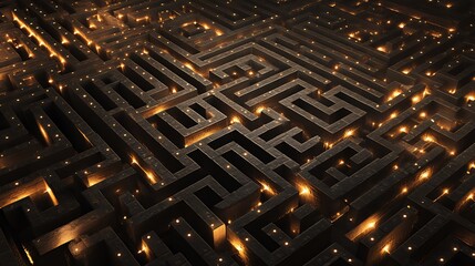 top-down view of a dark maze with glowing golden paths and many dead ends, symbolic of mental obstacles and hidden insights, abstract style, 