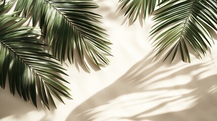 Naklejka premium Minimalist beach scene with several green palm leaves on pale sand, sunlight casting soft shadows