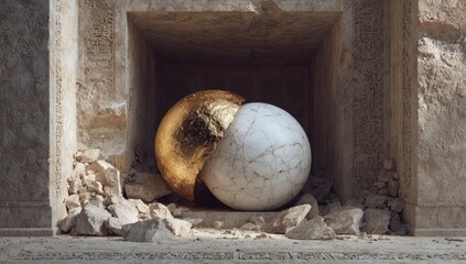Golden and white spheres in a stone niche