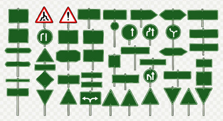 Collection of various green and white road signs with different shapes and symbols, including warning signs with red borders.