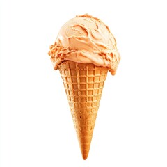 Light peach-colored ice cream scoop atop a waffle cone, isolated against a white background.  Melted ice cream drips slightly over the cone's top