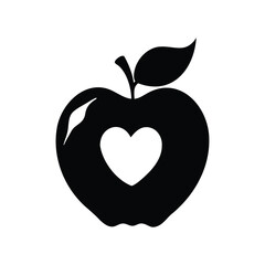 A Black and White Apple Graphic Featuring a HeartShaped Cutout Design, apple with heart silhouette vector illustration