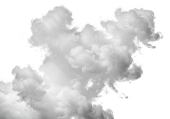 Wispy white smoke cloud isolated on transparent background with swirling patterns and soft light