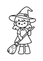 Witch Girl Holding Broom Coloring Sheet
