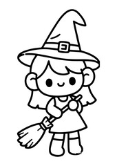 Kawaii Witch Character Line Art for Kids