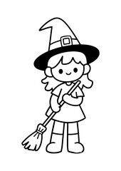 Cute Witch Girl with Broom Coloring Page
