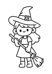 Black and White Witch with Hat Outline
