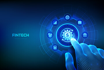 Fintech. Financial technology, online banking and crowdfunding. Business investment banking payment technology concept on virutal screen. Hand touching digital interface. Vector illustration.