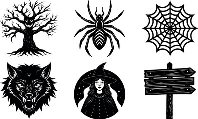 Halloween Elements Vector Set Witch Wolf Spider Tree Web and Sign