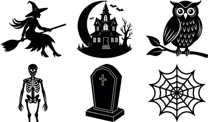 Halloween Silhouettes Witch Haunted House Owl Skeleton Tombstone and Spiderweb