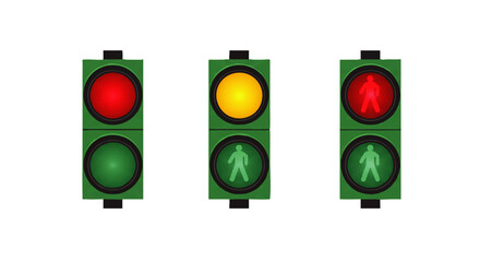 Three traffic lights displaying different signals, indicating stop, caution, and walk.