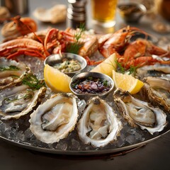 Fresh oysters served on ice with lemon.
